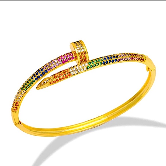 Gold Nail Multicolor Zircon Bangle Screw Tack Bracelet - Picture 3 of 7